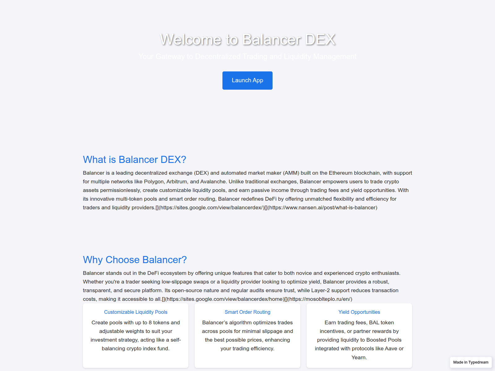 Screenshot of balncer-dex.typedream.app