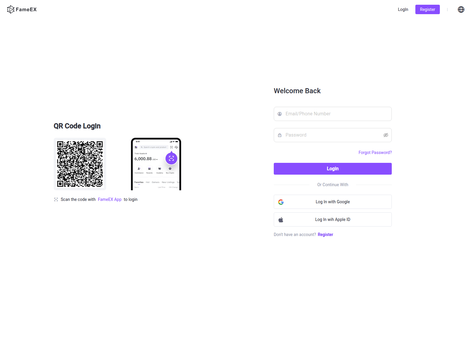 Forensic screenshot of www.fameex-login.com