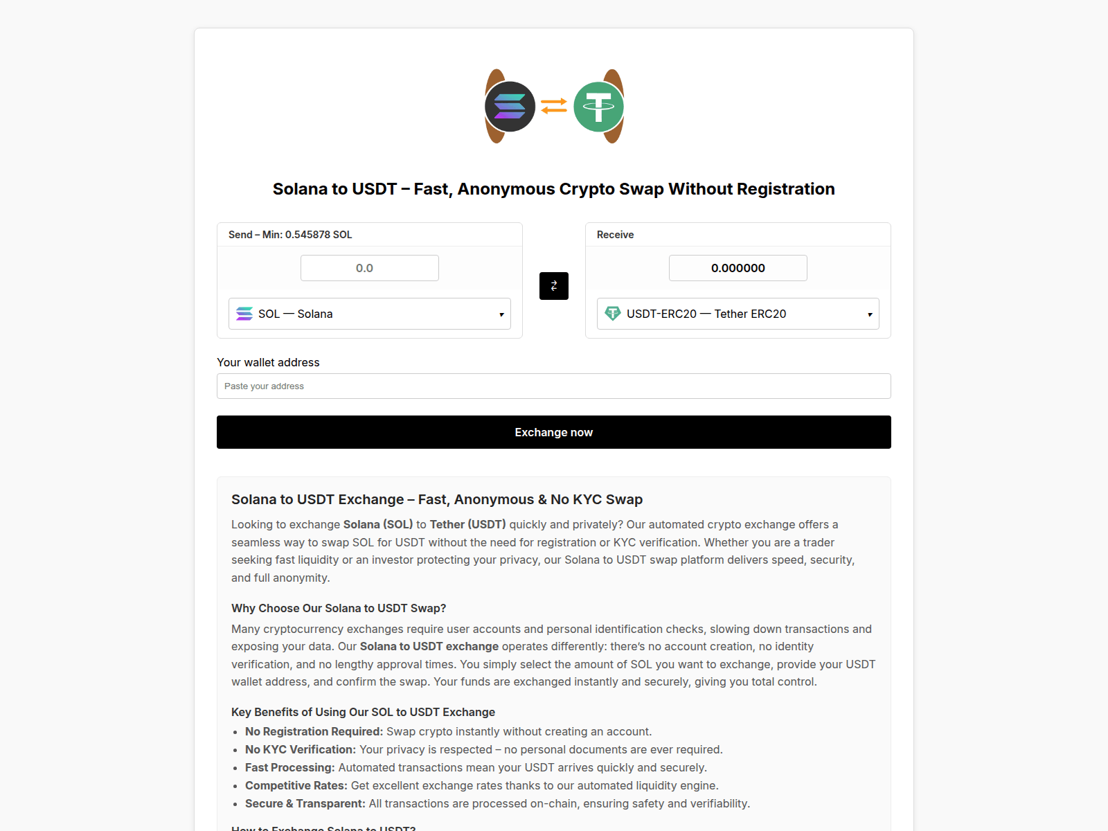Forensic screenshot of solana-to-usdt.com showing the phishing page layout