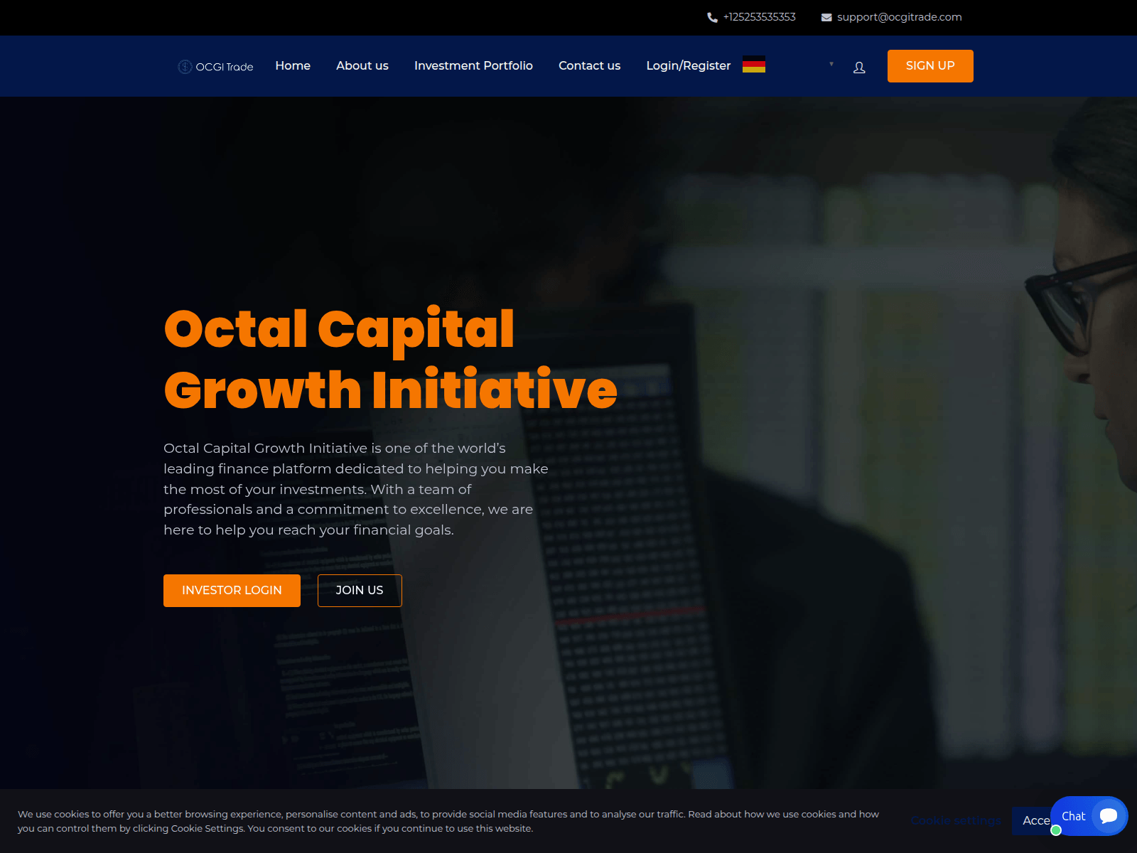 Forensic screenshot of ocgitrade.com showing the phishing page layout