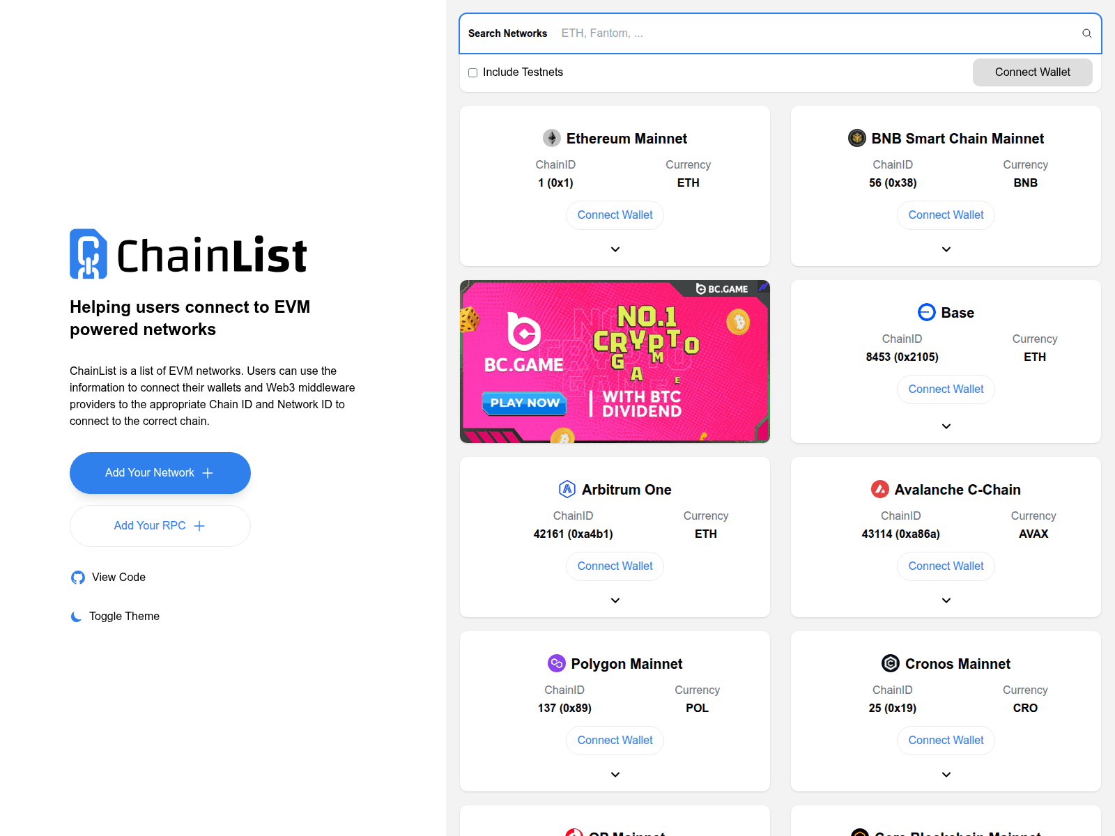 Screenshot of www.chainlist.one