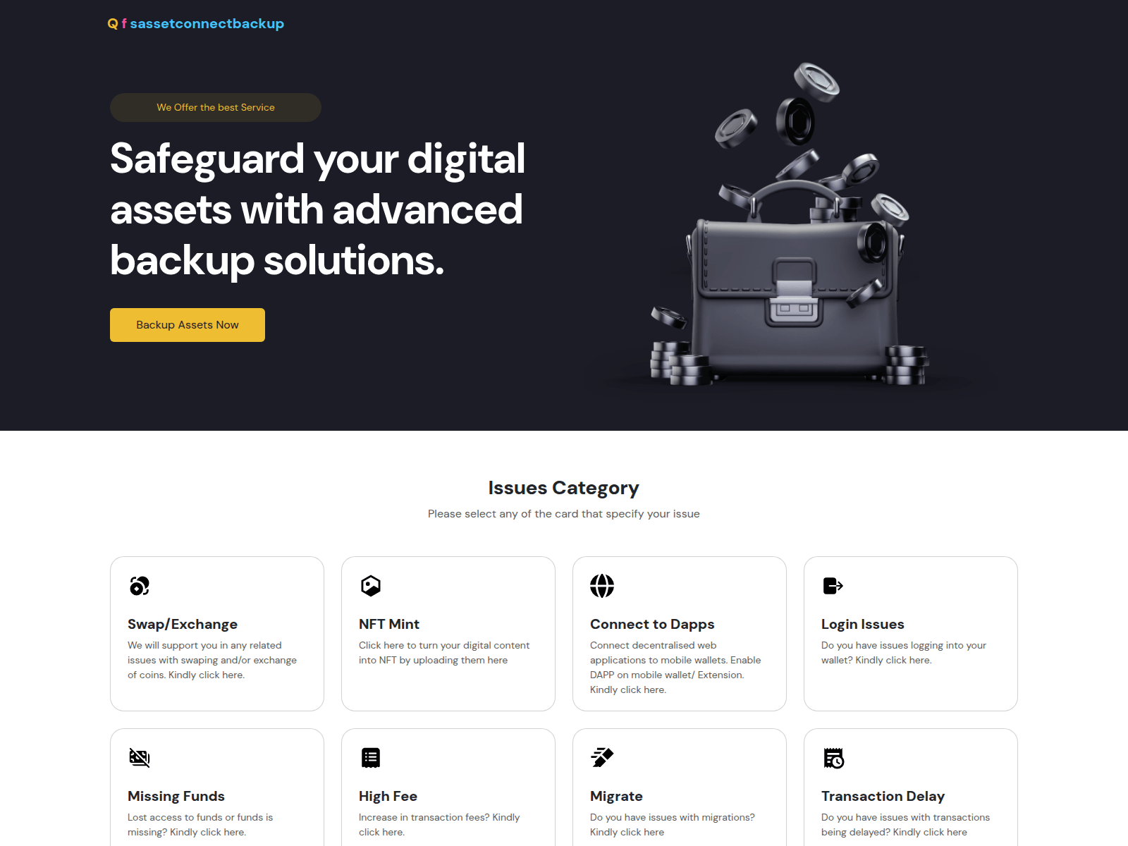 Forensic screenshot of qfsassetsphrasebackup.com showing the phishing page layout