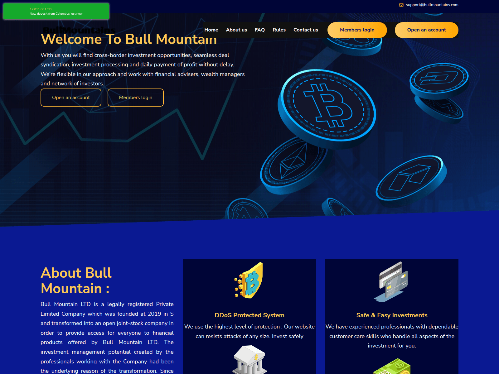 Forensic screenshot of bullmountains.com showing the phishing page layout