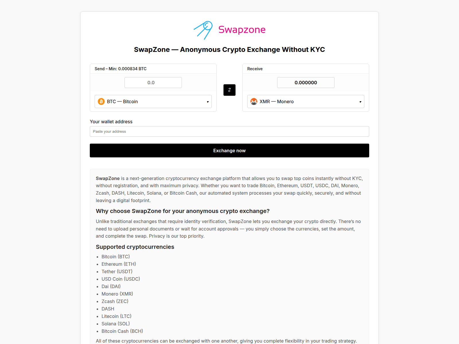 Forensic screenshot of swapzone.exchange showing the phishing page layout