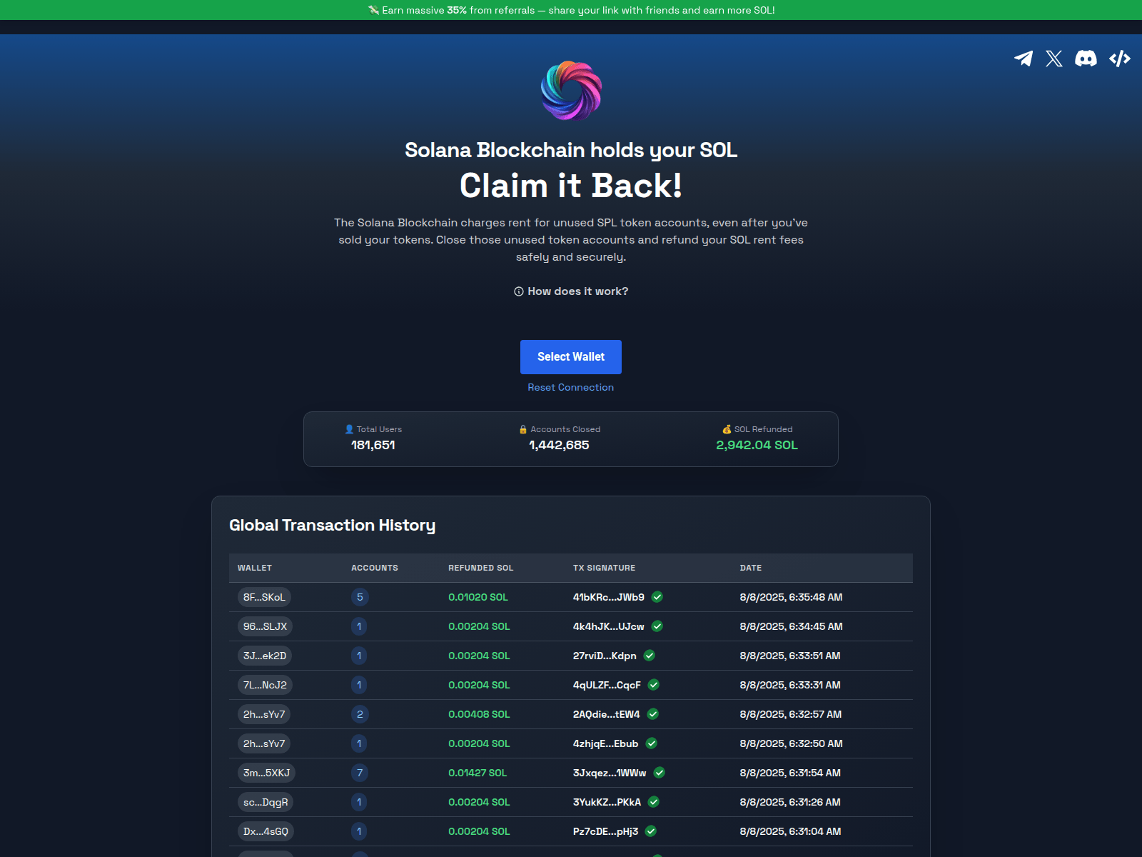 Screenshot of refundyoursolana.io
