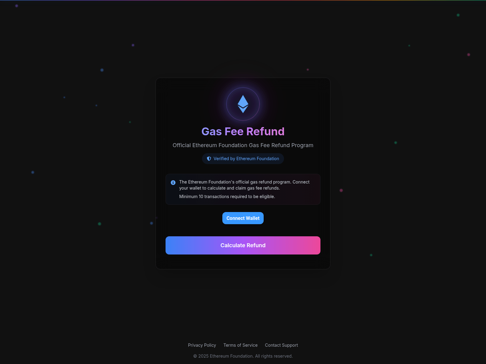 Forensic screenshot of app.refund-ethereum.com showing the phishing page layout