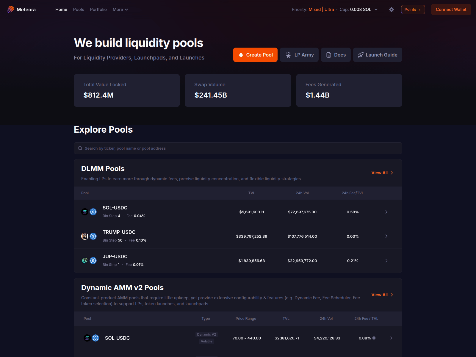 Screenshot of meteora-solana.pages.dev