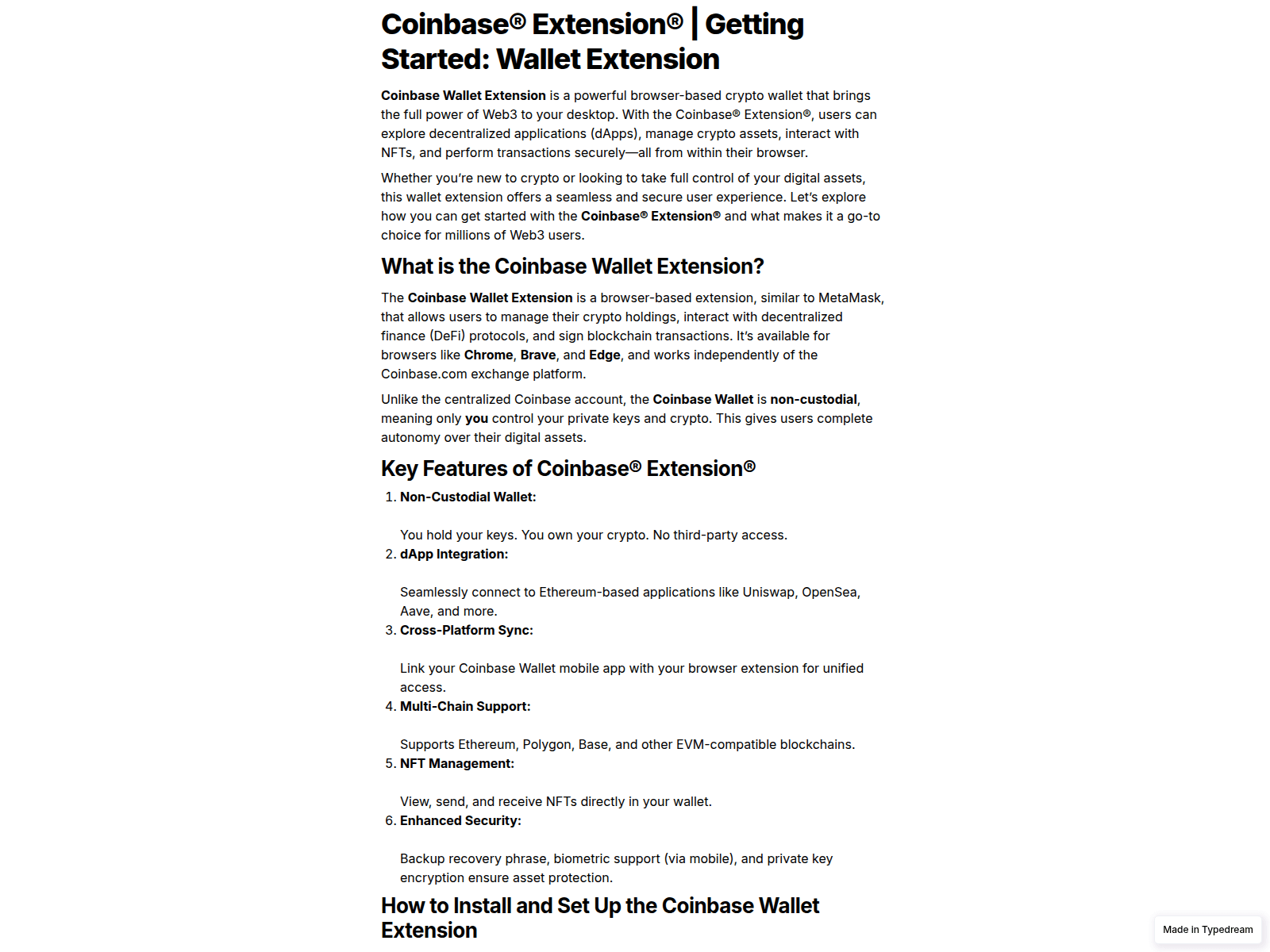 Screenshot of browser-coinbase-xtension.typedream.app
