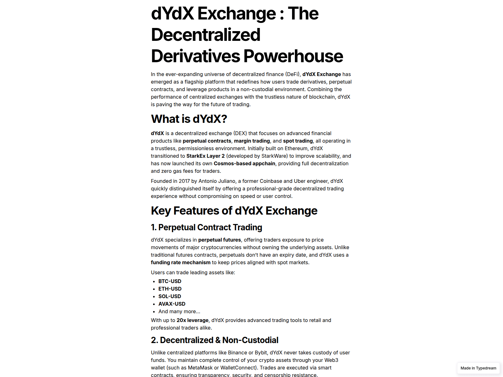 Screenshot of exchange-dydx.typedream.app