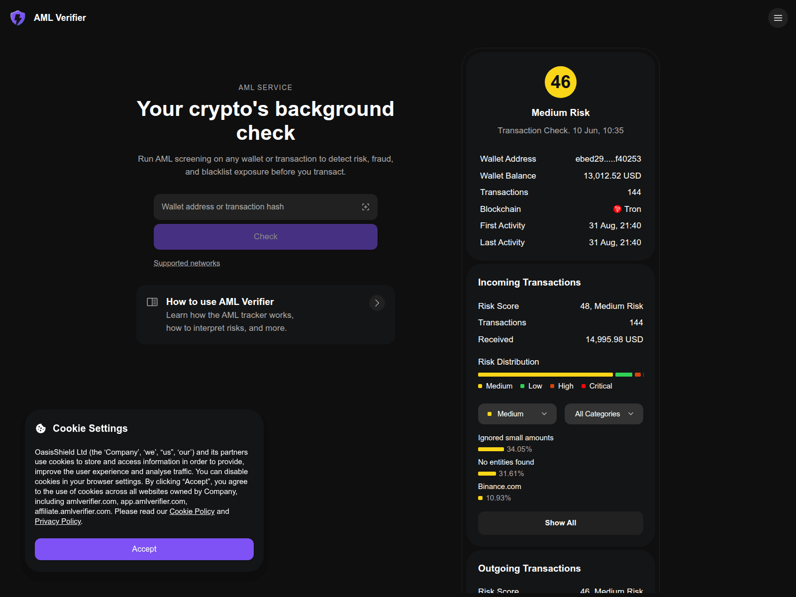Screenshot of app.amlverifier.com