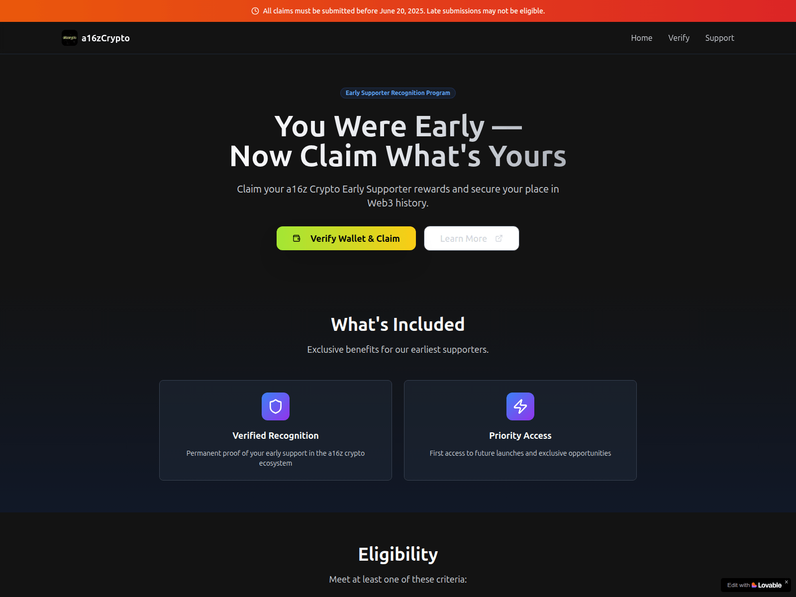 Screenshot of preview--a16z-early-claim-portal.lovable.app
