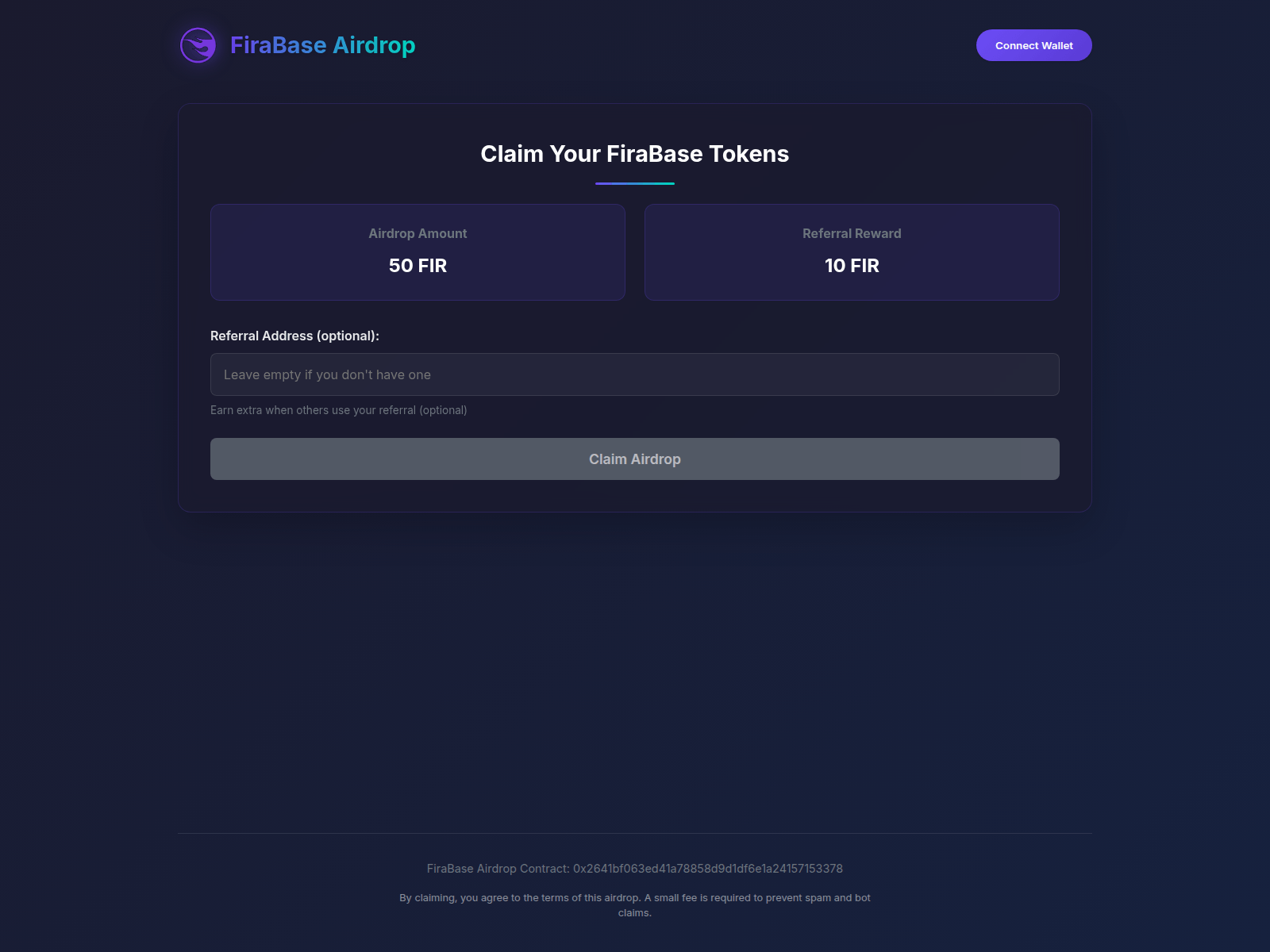 Screenshot of airdrop.firachain.com
