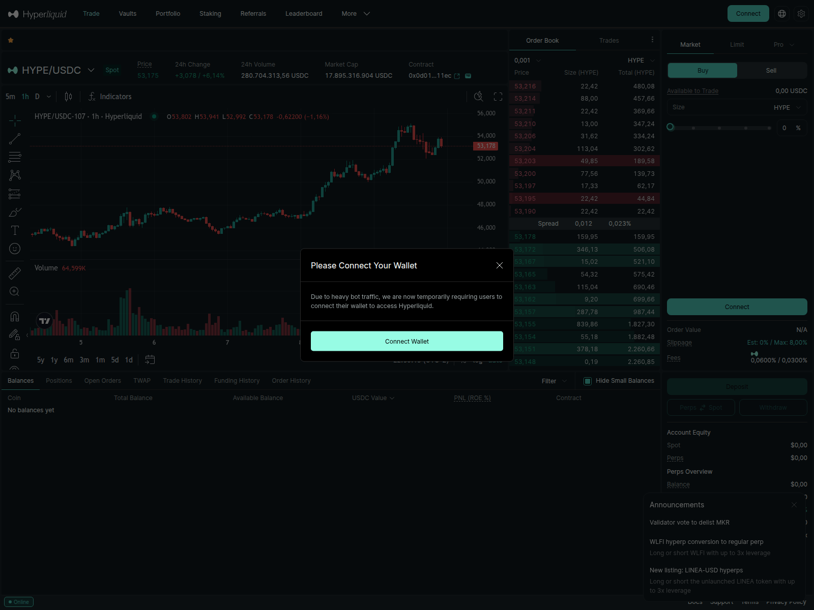 Screenshot of app.huiyperliquid.com