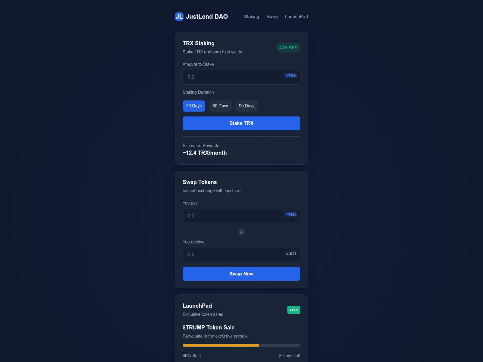 Screenshot of justlendtrx.pages.dev