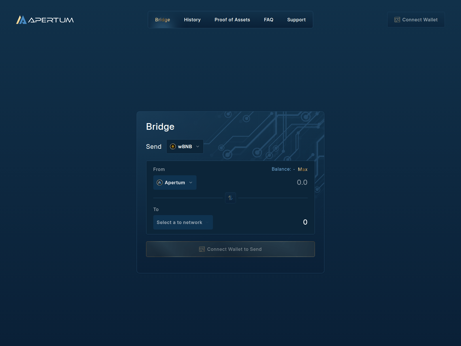 Screenshot of bridge-v2-dapp-testnet.apertum.io