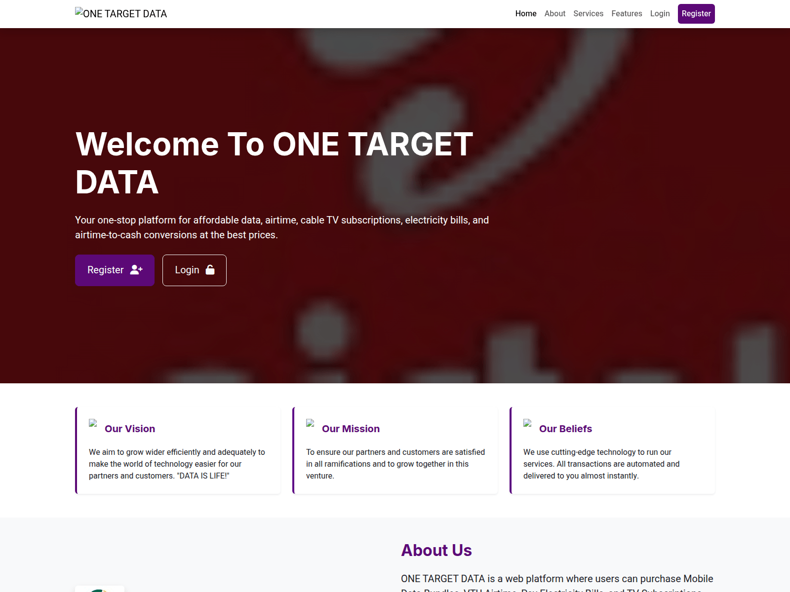 Screenshot of onetargetdata.com.ng