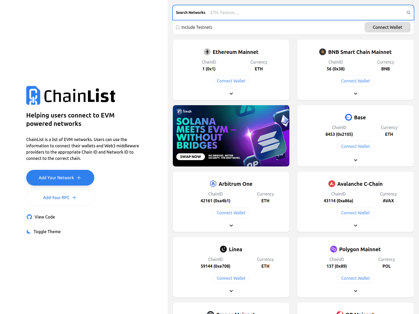 Screenshot of chainlist.one