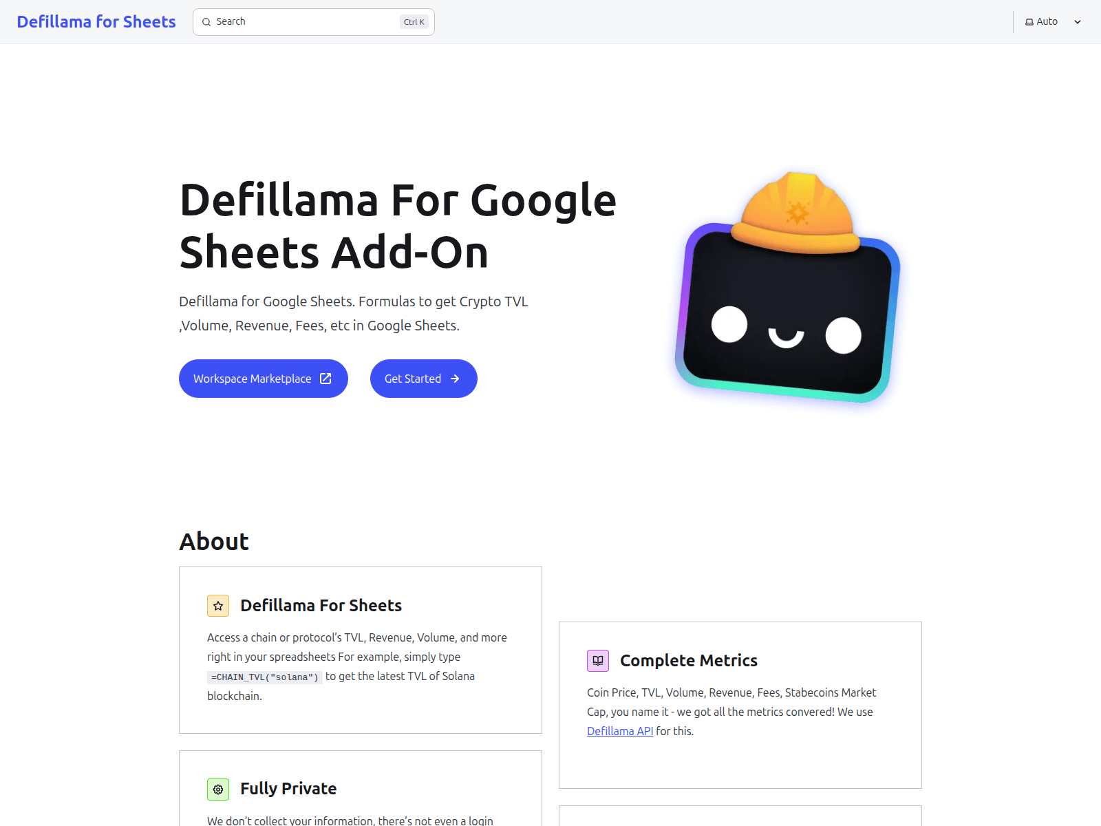 Screenshot of defillamaforsheets-website.pages.dev