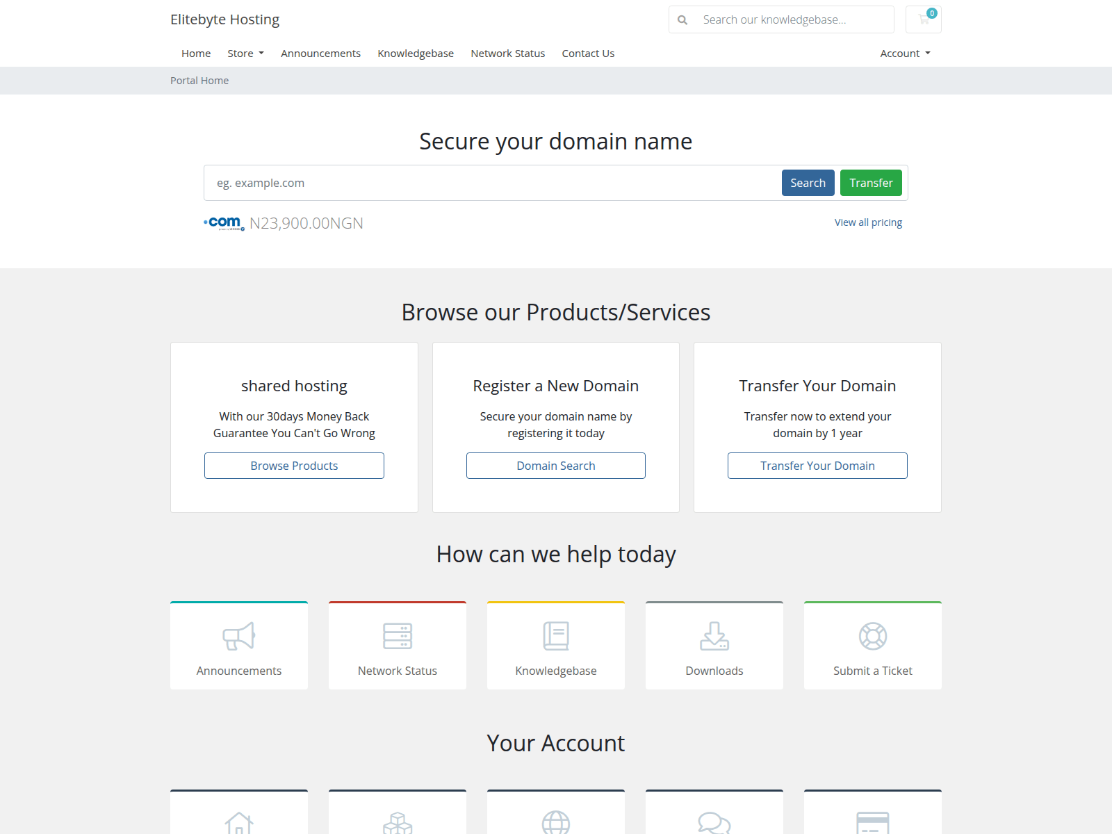 Screenshot of account.elitebytehosting.com.ng