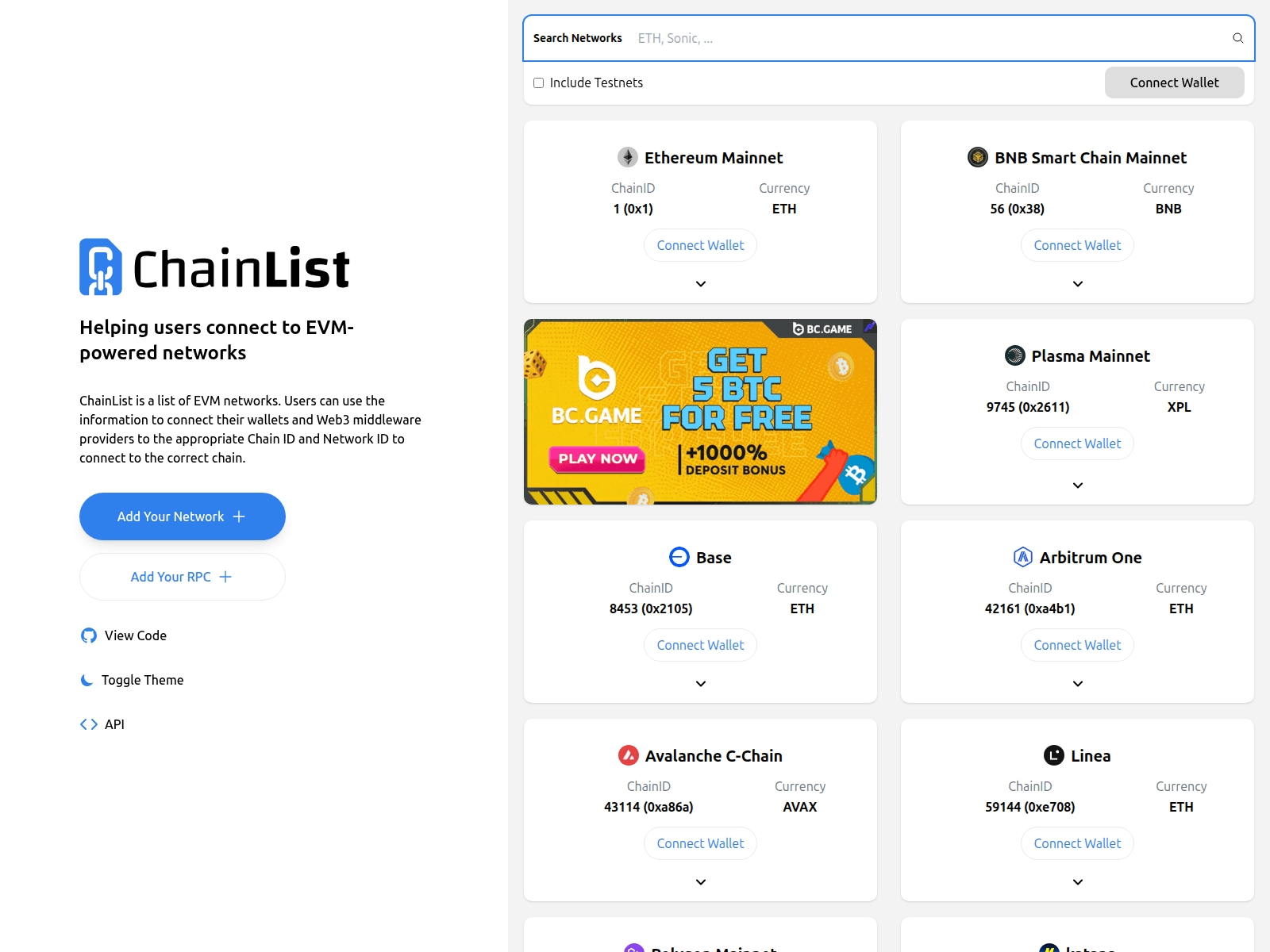 Screenshot of app-chainlist-v2.com