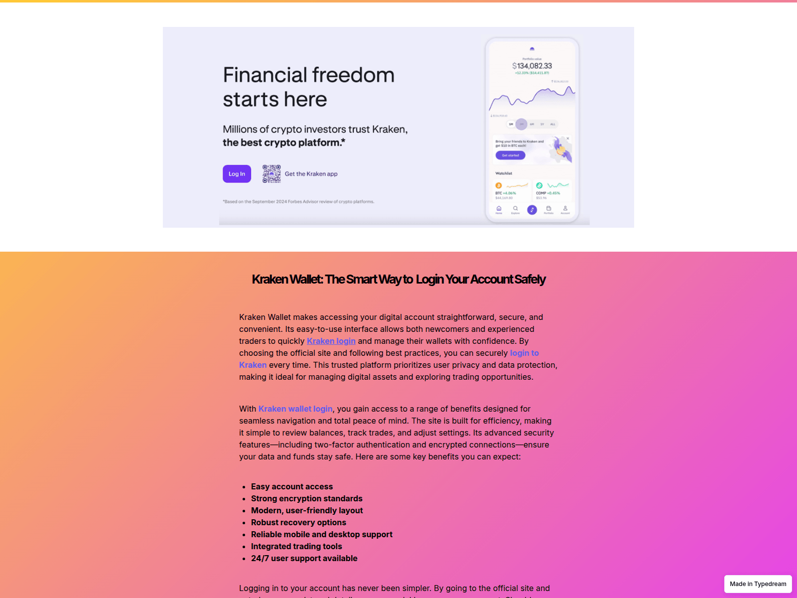 Screenshot of kraken-wallet-login.typedream.app