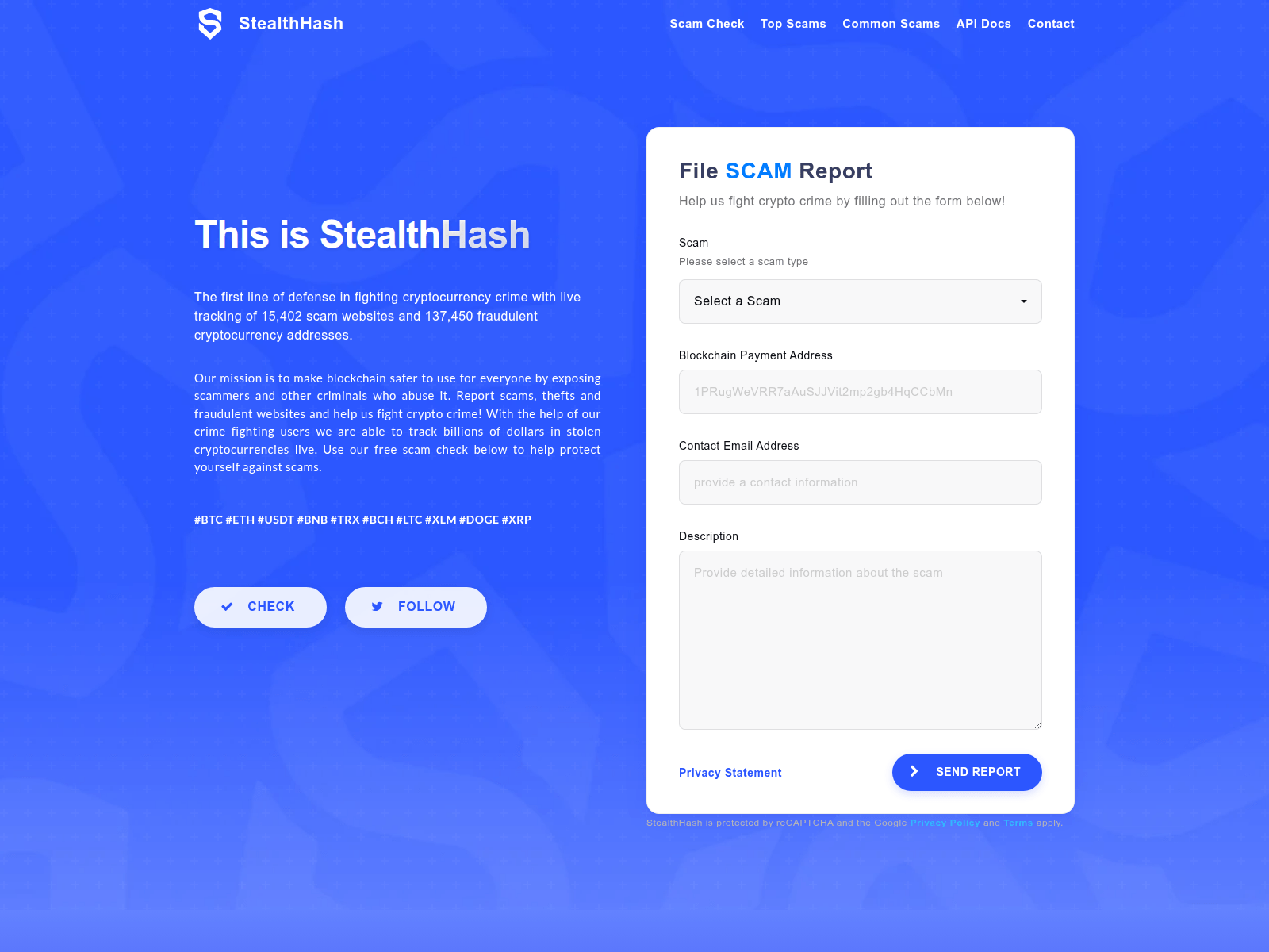 Screenshot of stealthhash.io