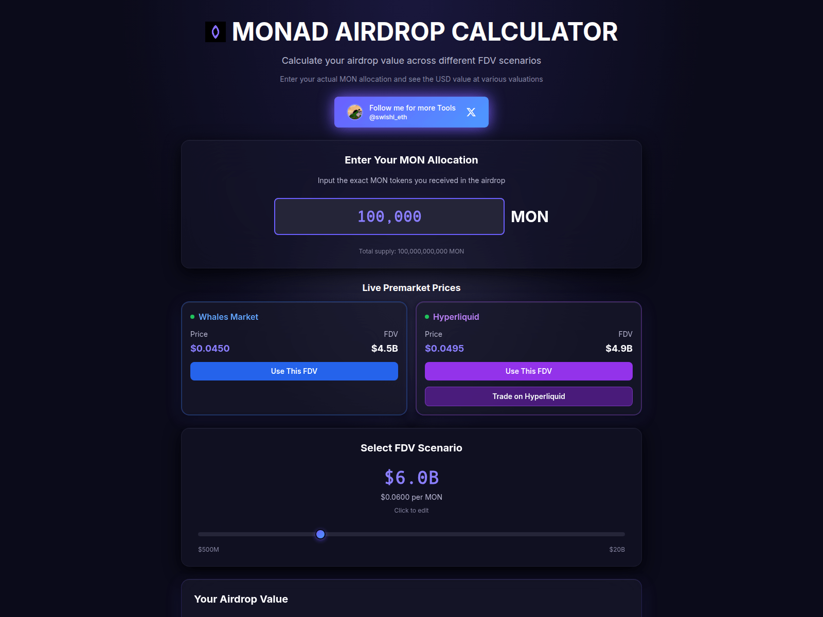 Screenshot of monad-calculator.swishi.xyz