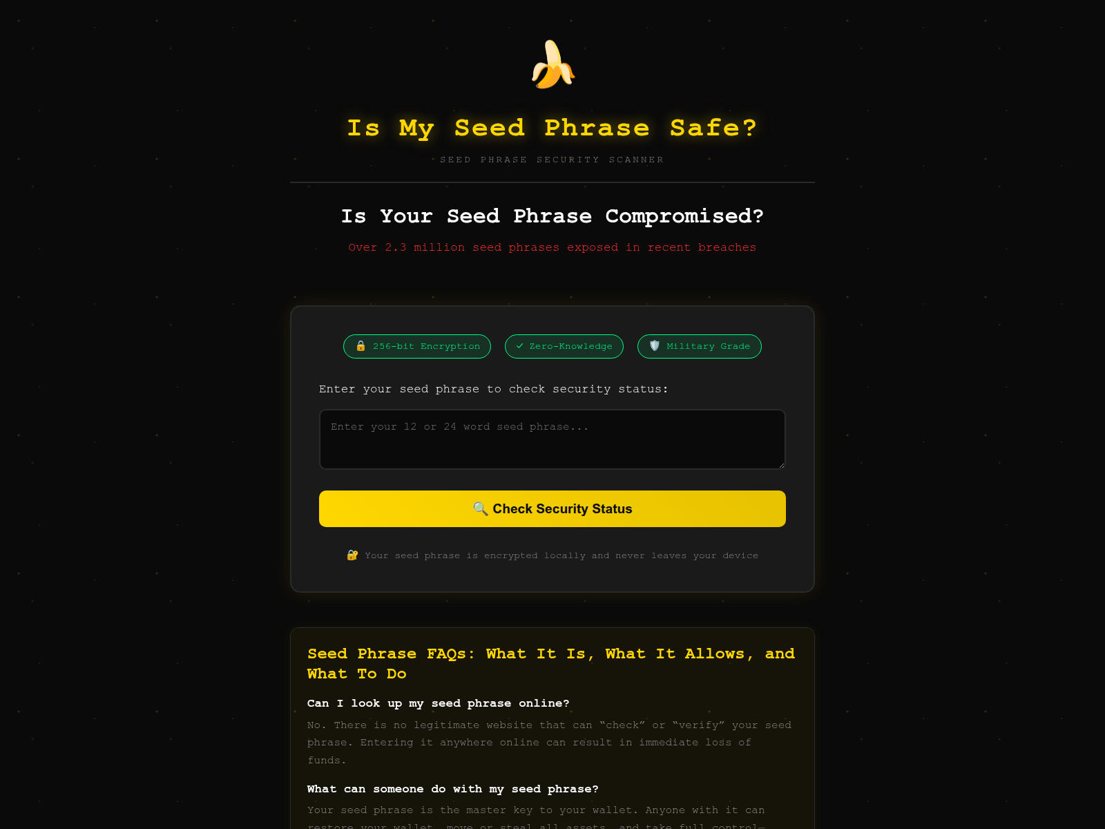 Screenshot of ismyseedphrasesafe.com