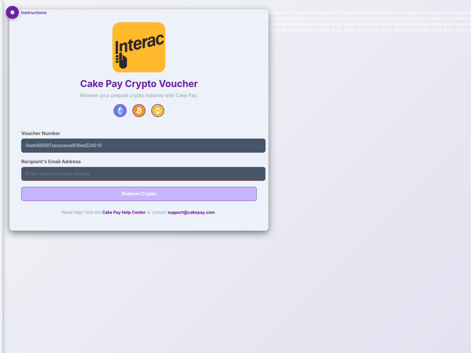 Screenshot of interac.cakepay.eu