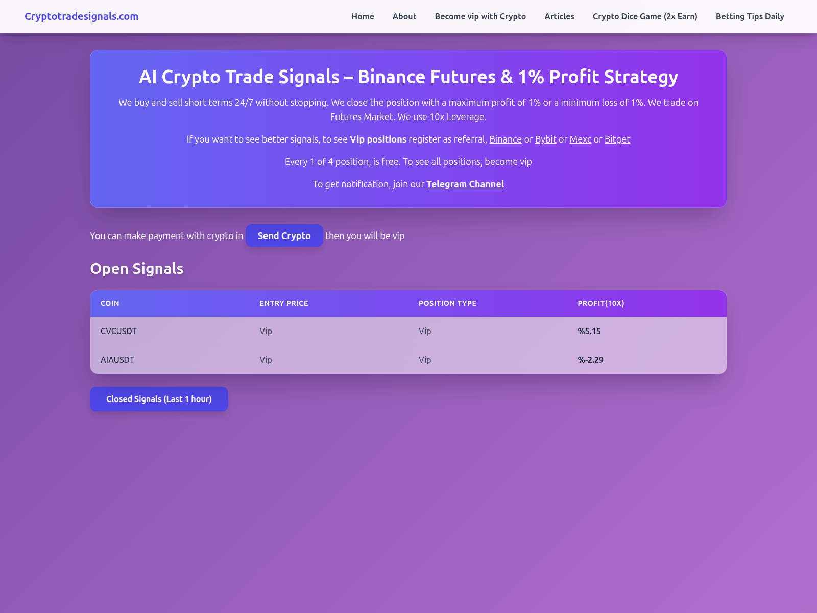 Screenshot of cryptotradesignals.live