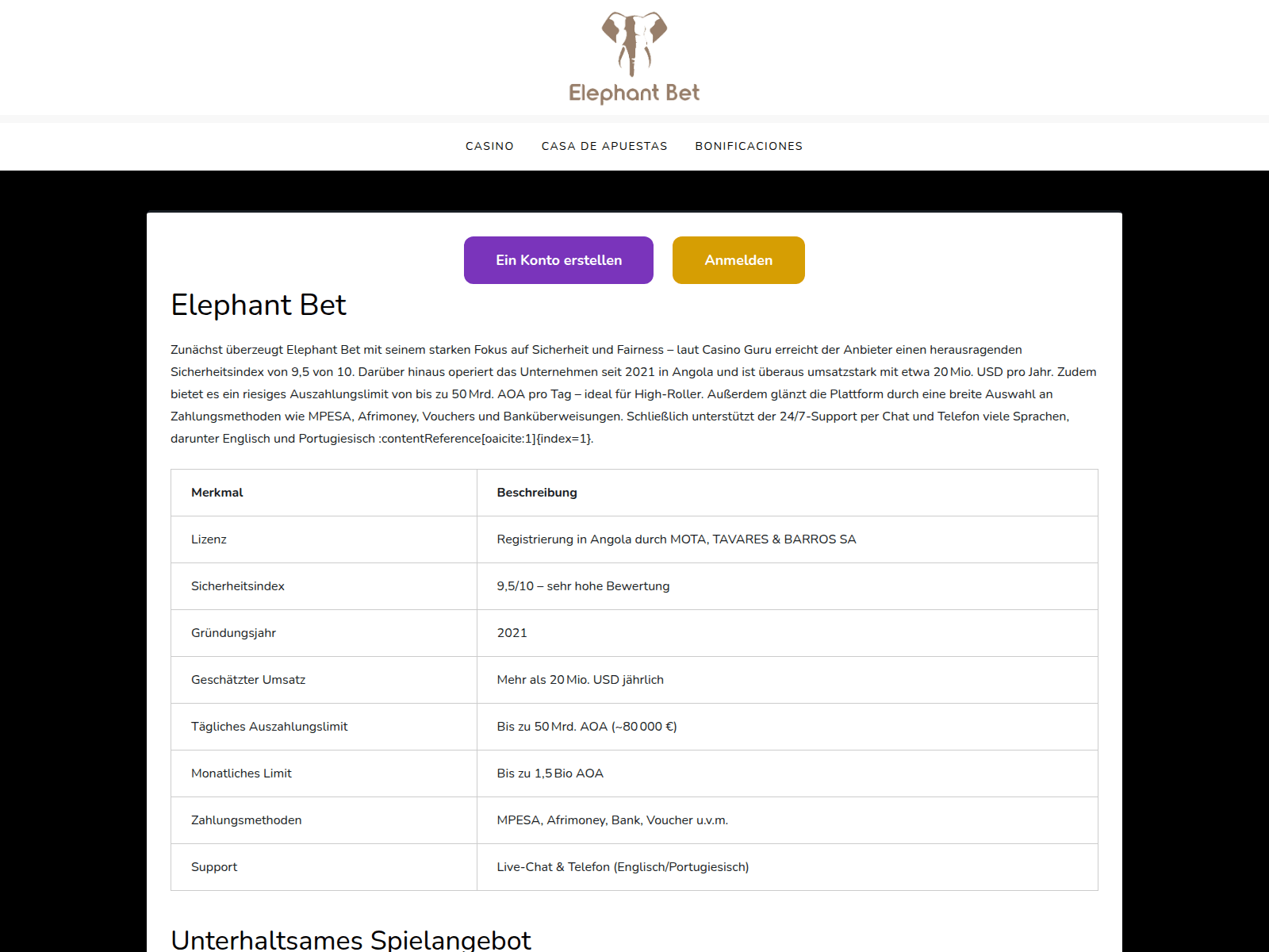 Screenshot of elephant-bet.de