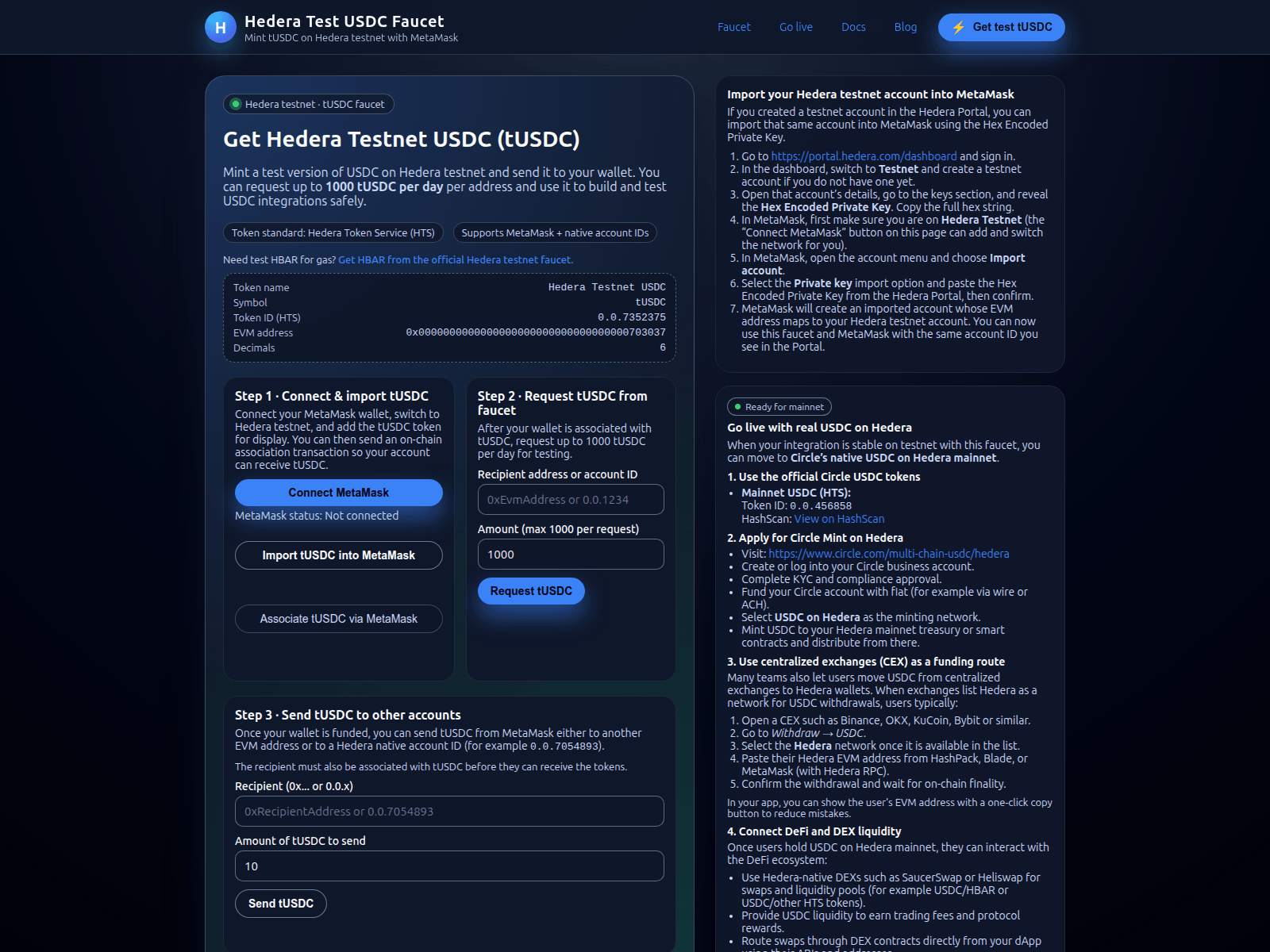 Screenshot of usdcfaucet.hedera.co.ke