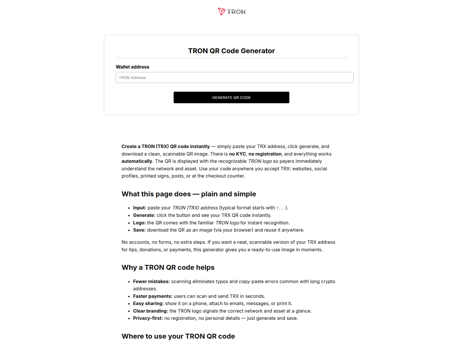 Screenshot of tron-qr-code-generator.com