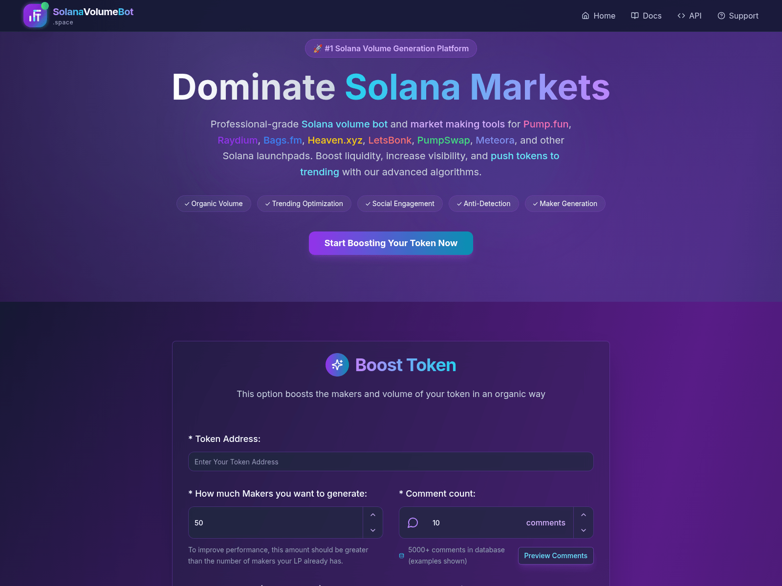 Screenshot of solanavolumebot.space