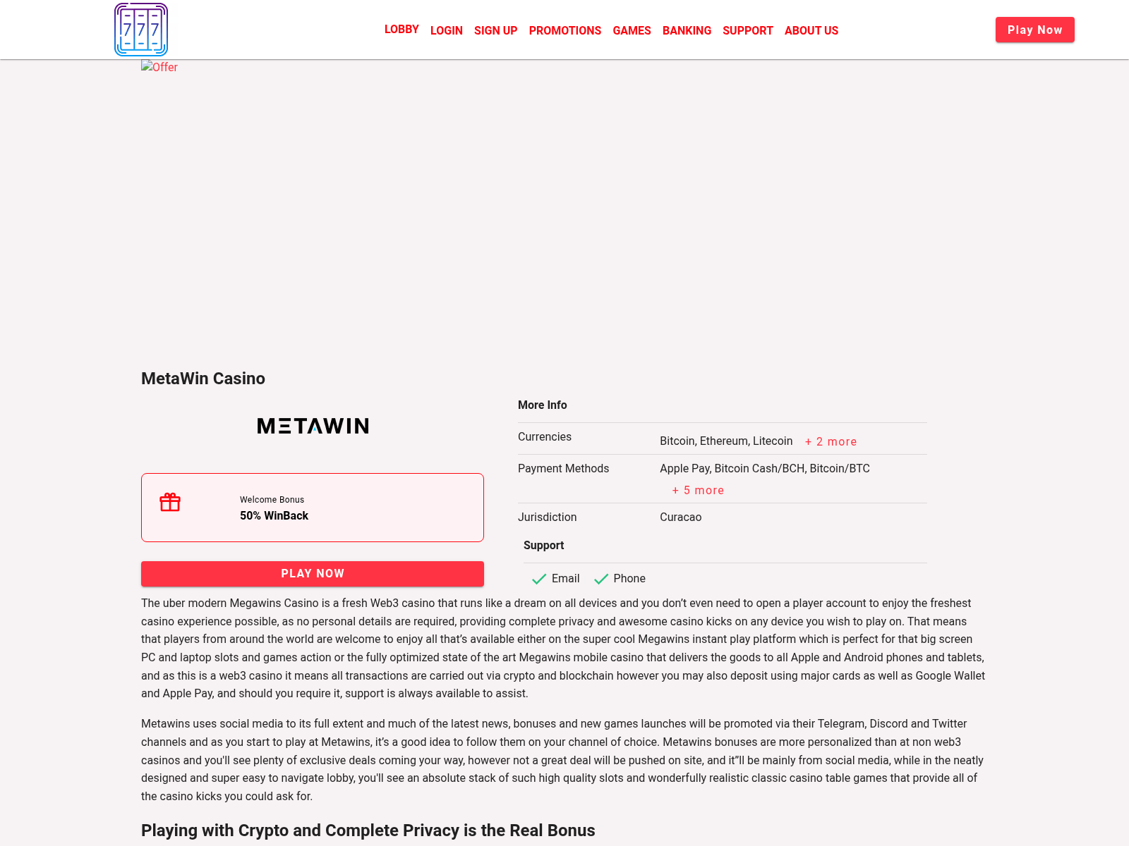 Screenshot of metawinscasino.com