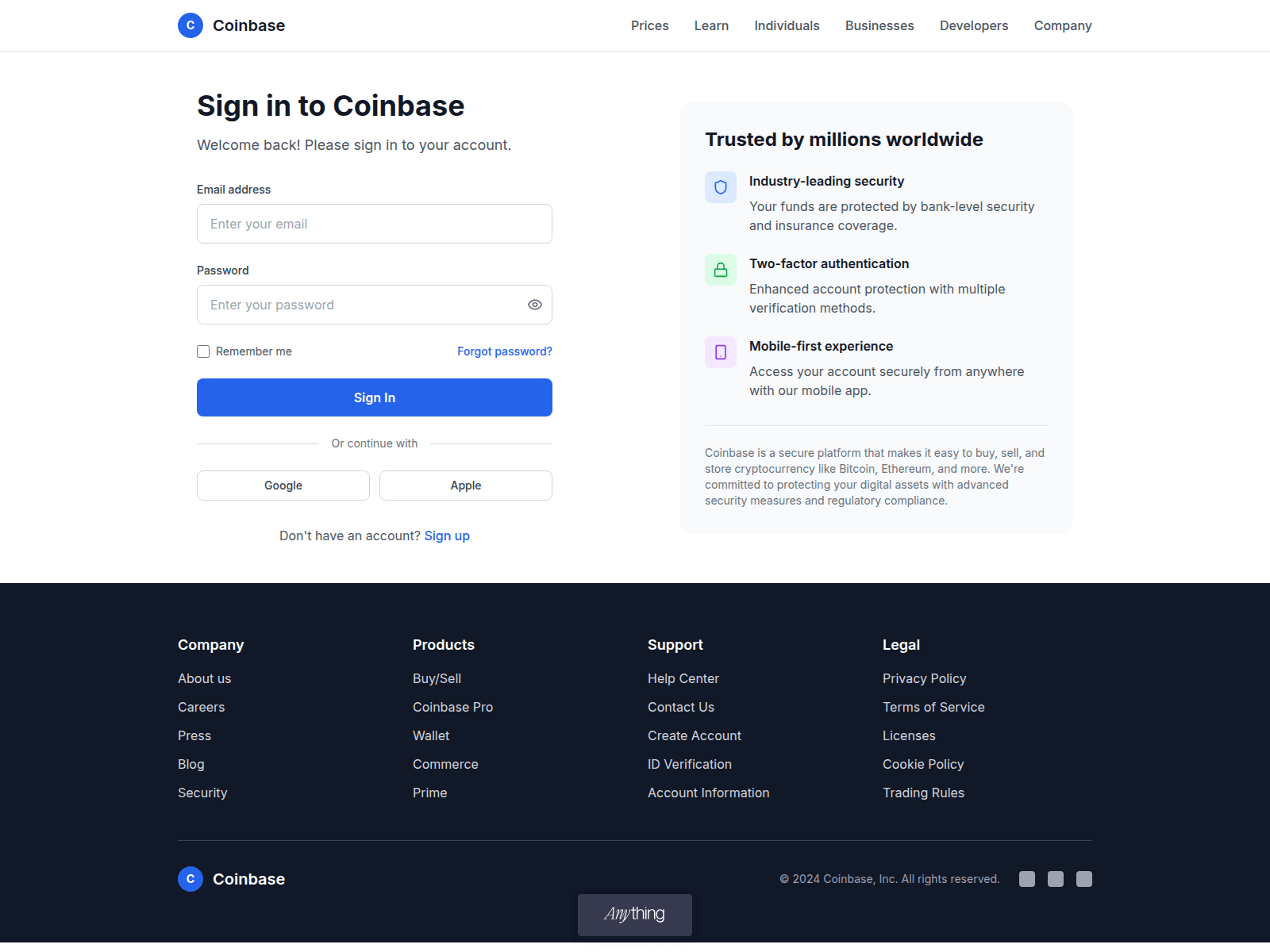 Screenshot of sso-conbase-auth.created.app