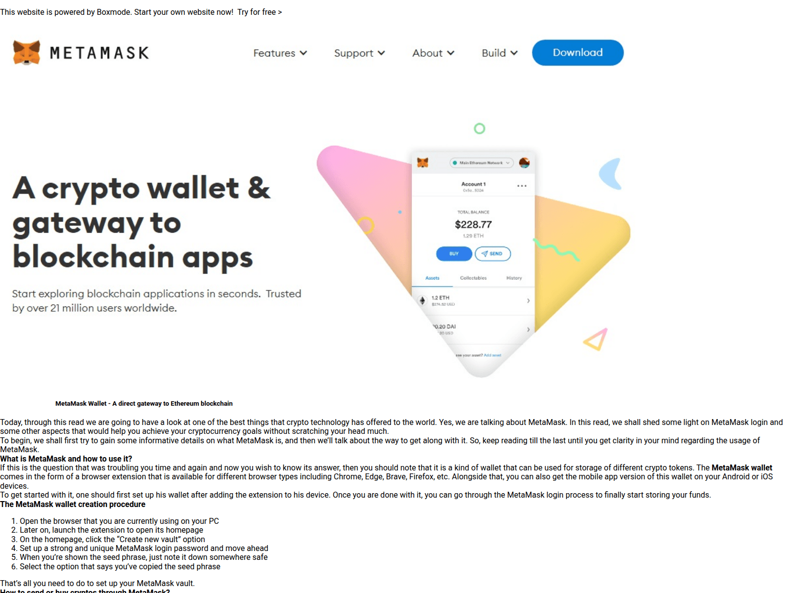 Screenshot of metamskwallet.boxmode.io