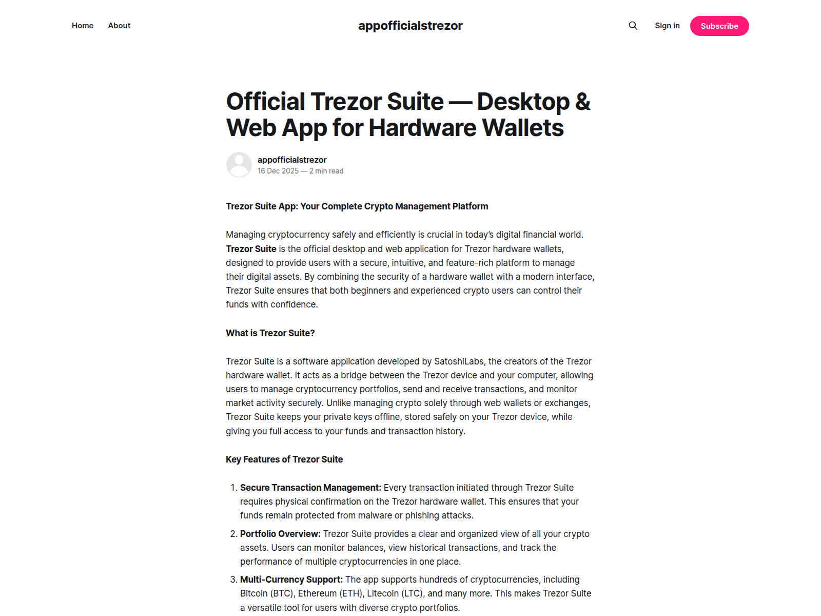 Screenshot of appofficialstrezor.ghost.io
