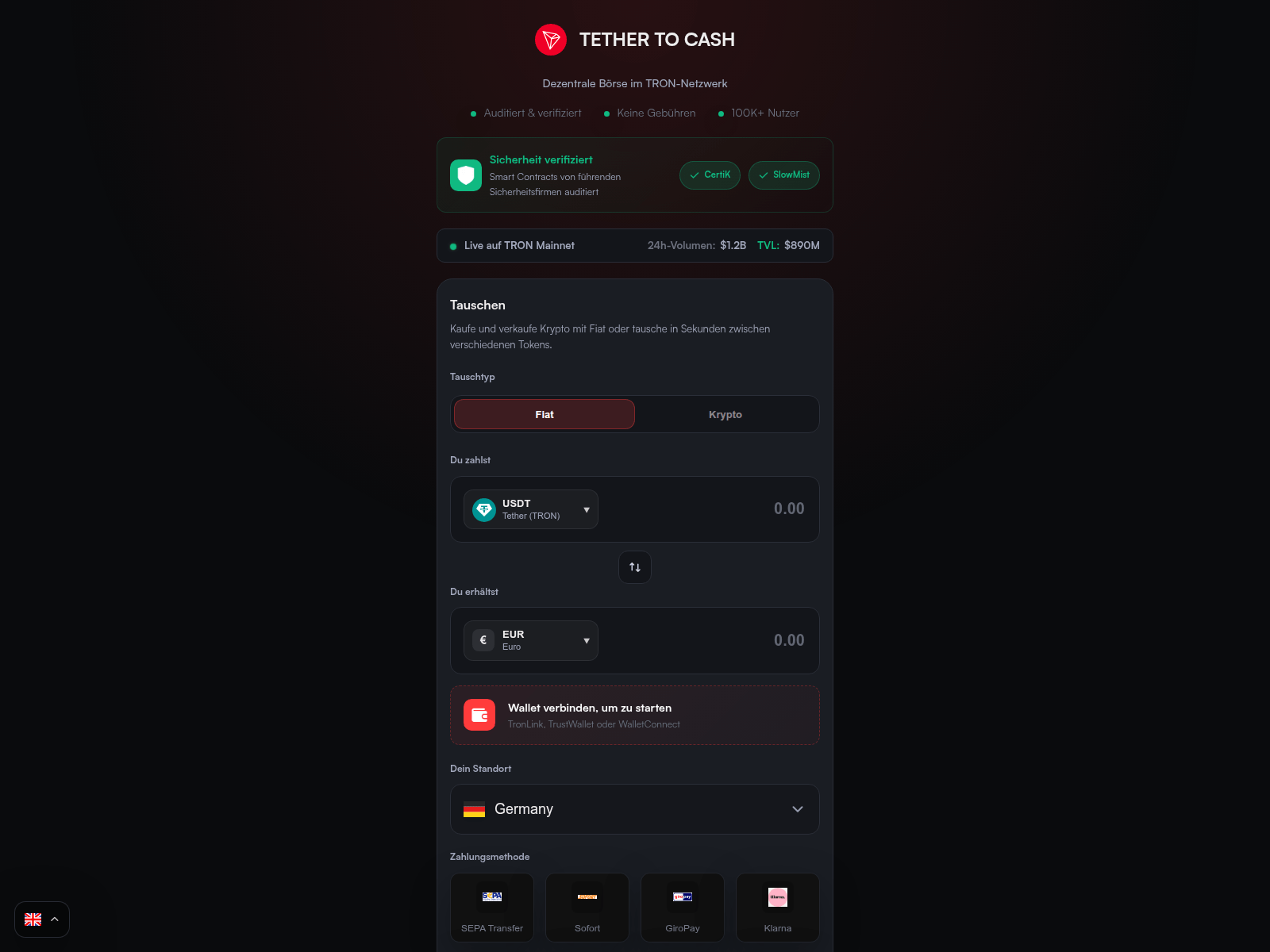 Screenshot of tethertocash.com