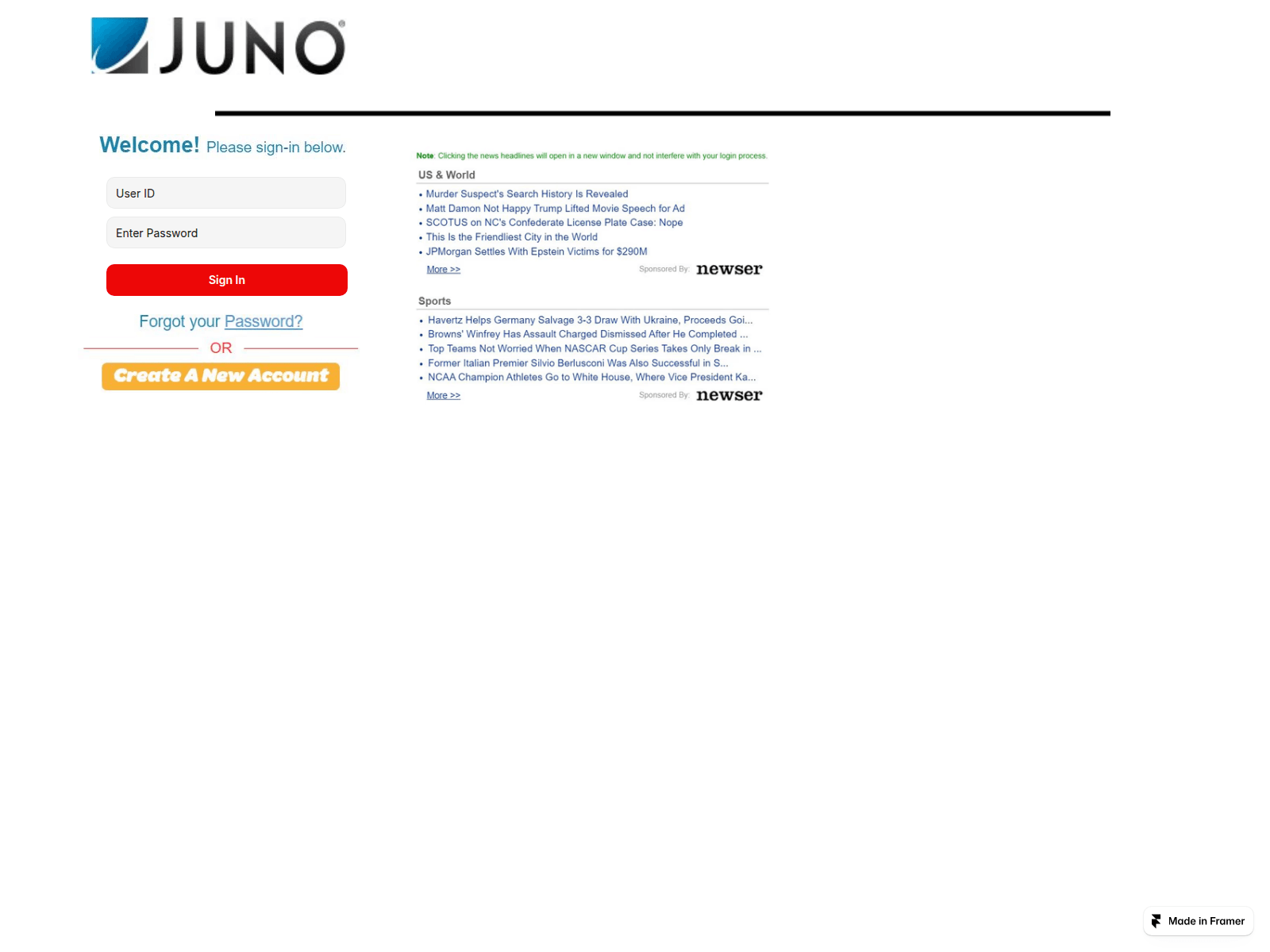 Forensic screenshot of junomailcom.framer.website