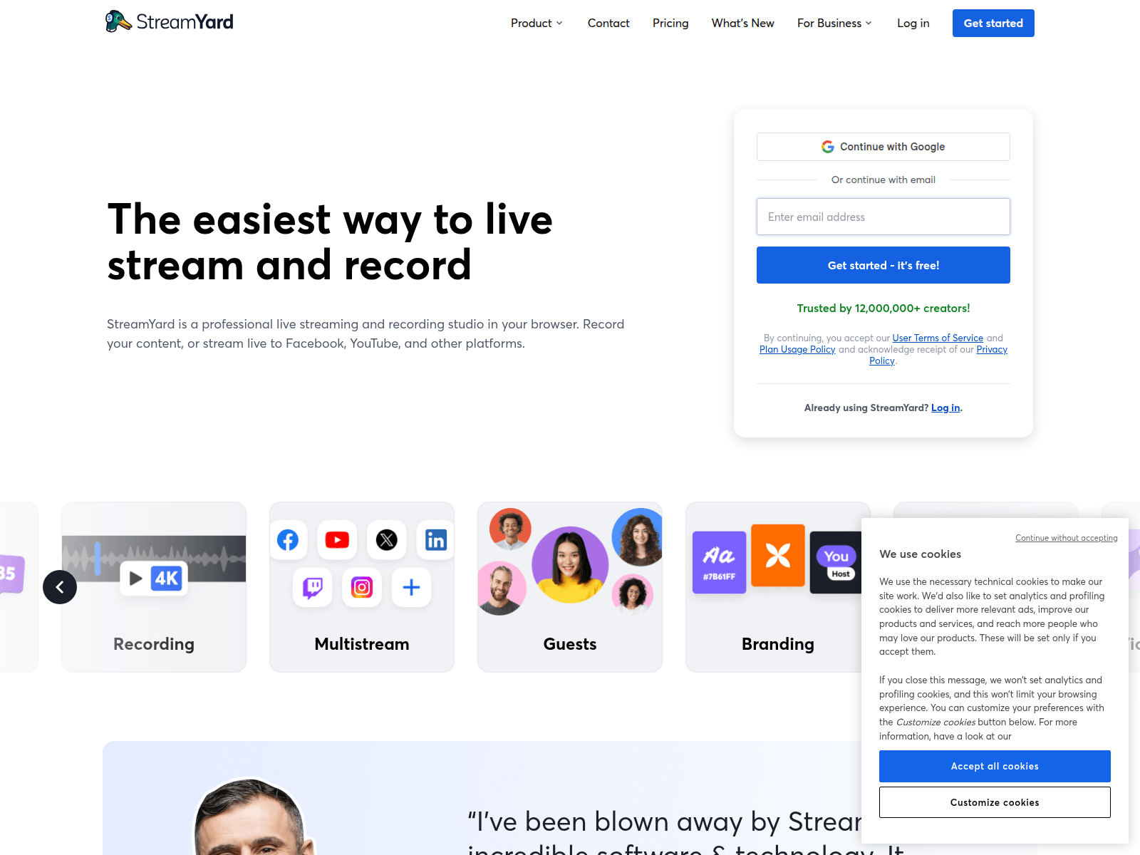 Screenshot of streamyard.us