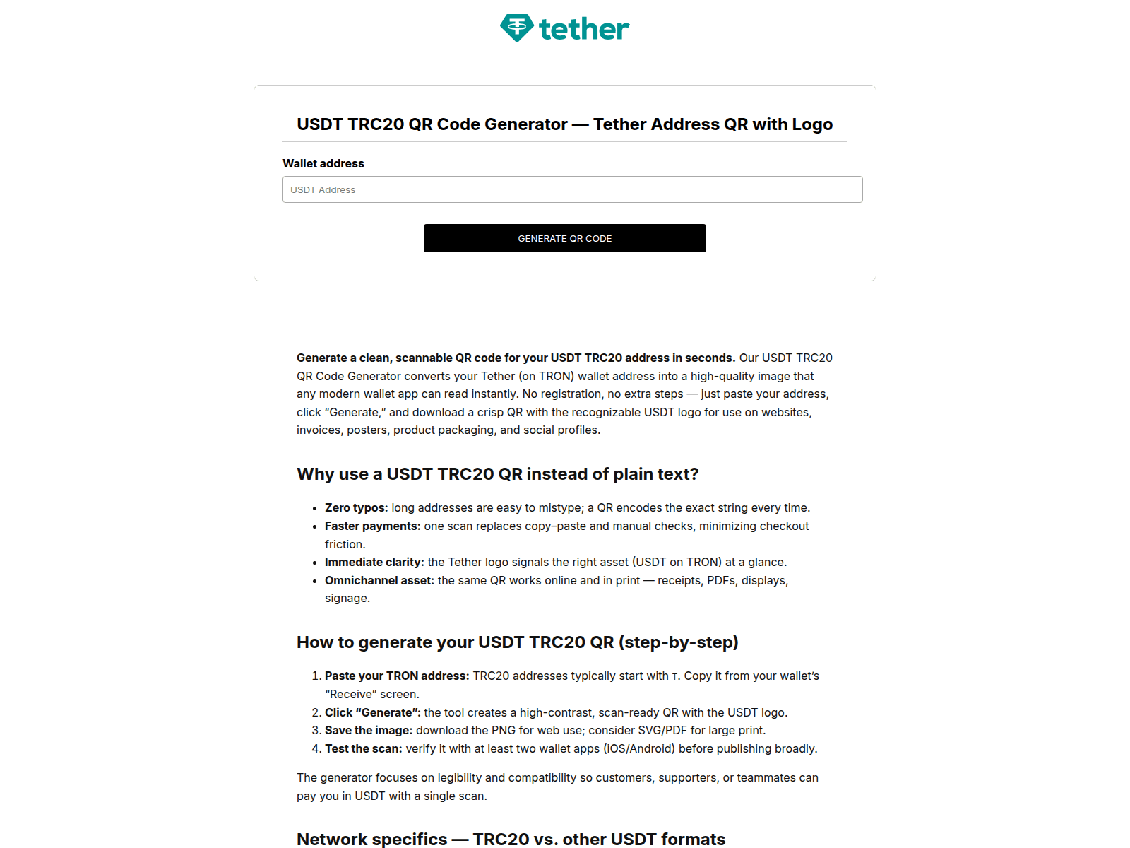 Screenshot of usdt-trc20-qr-code-generator.com