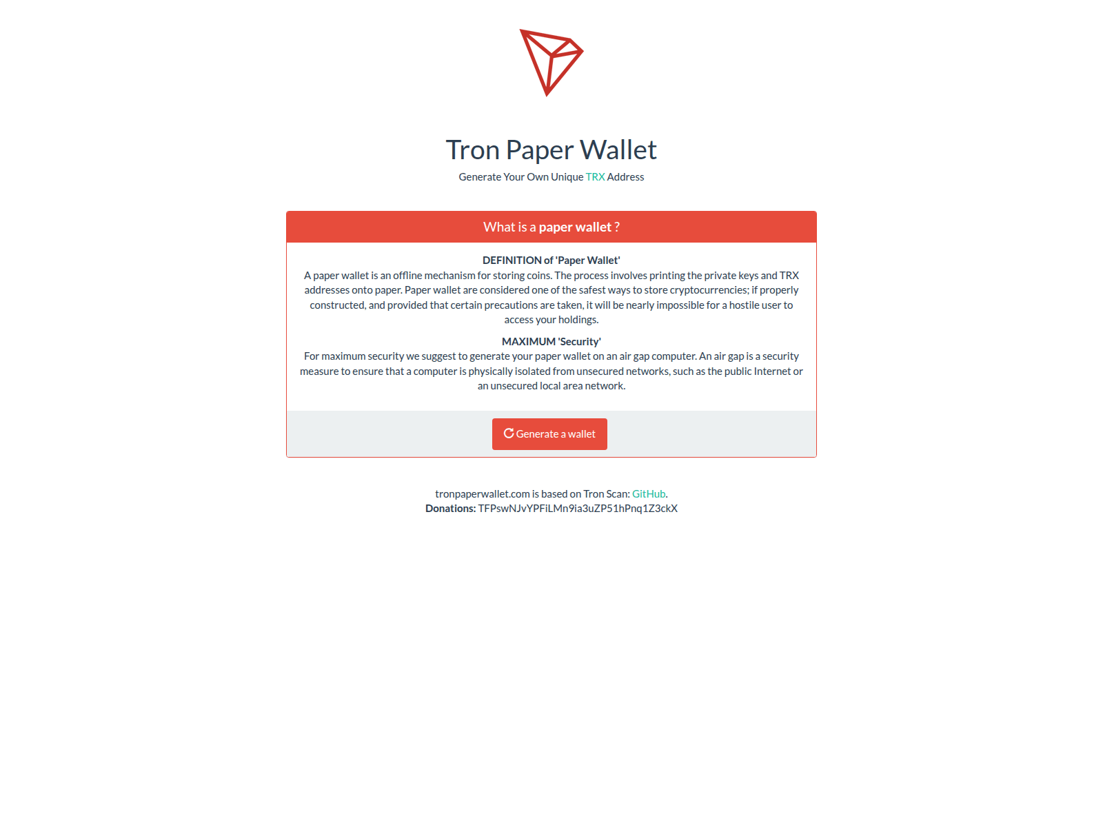 Screenshot of tronpaperwallet.com
