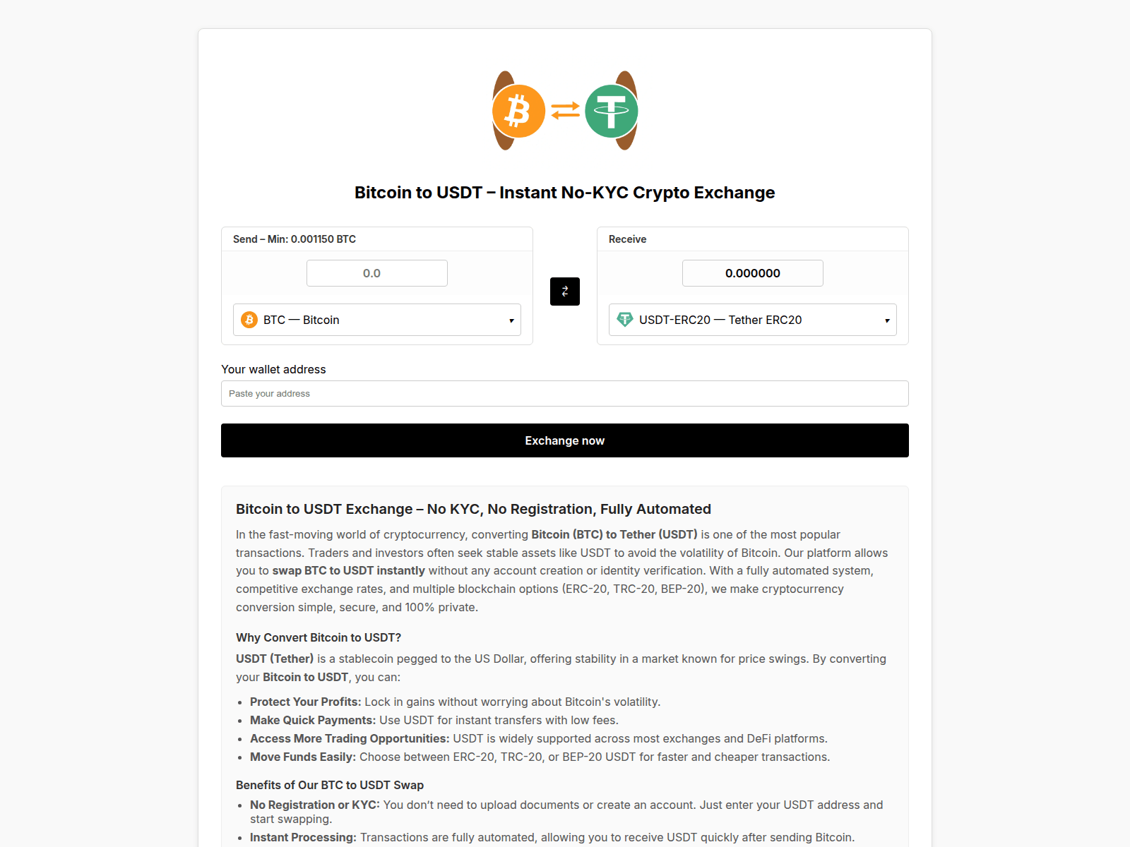 Screenshot of bitcoin-to-usdt.com