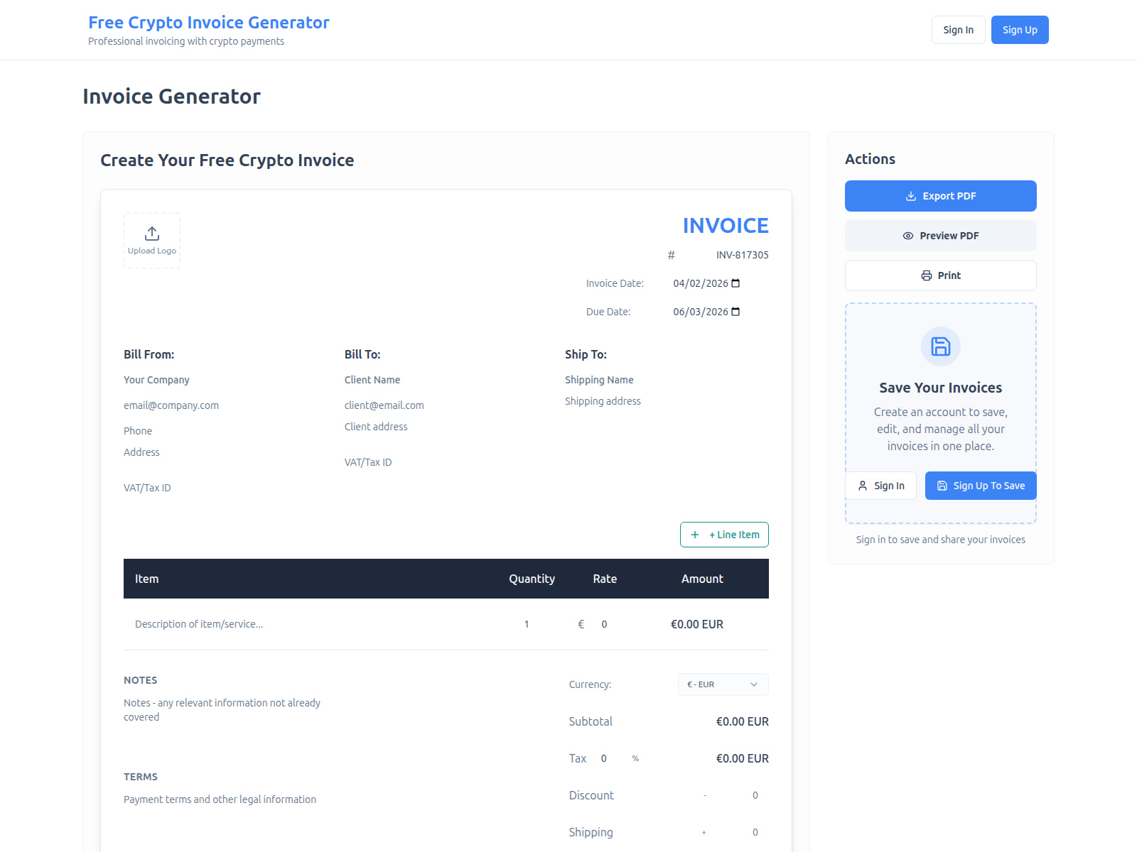 Screenshot of freecryptoinvoice.com