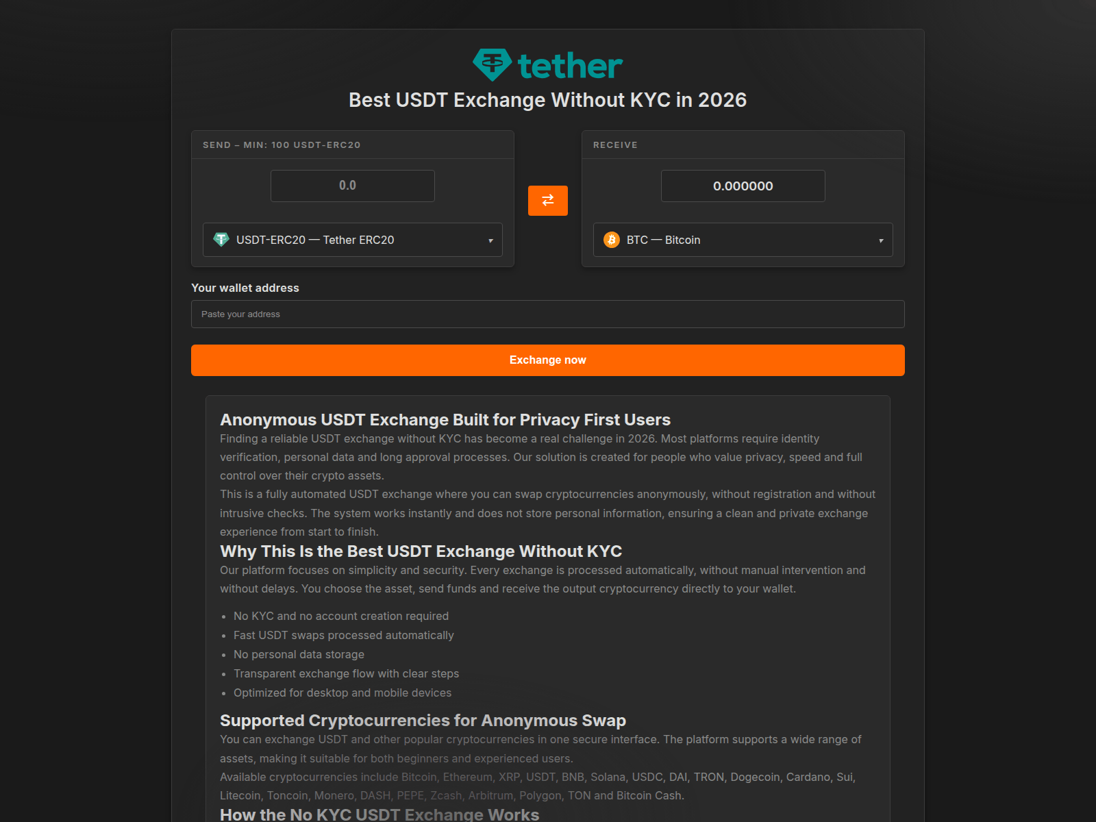 Screenshot of usdt-exchange-no-kyc.com