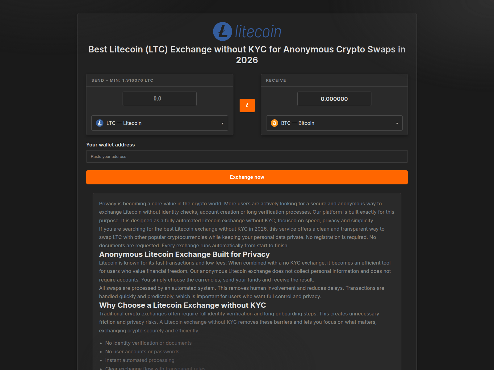 Screenshot of ltc-exchange-no-kyc.com