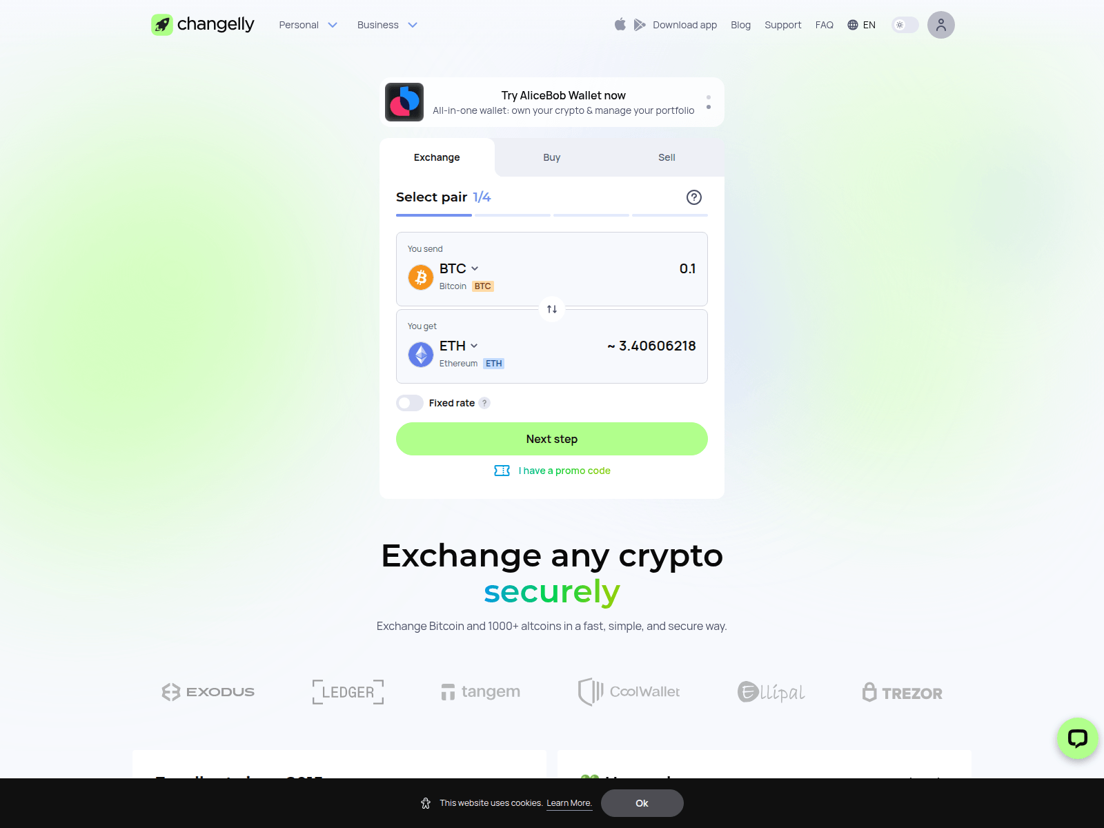 Screenshot of changemly.com