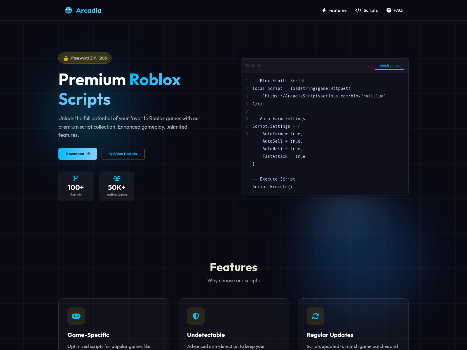Screenshot of arcadiascripts.live