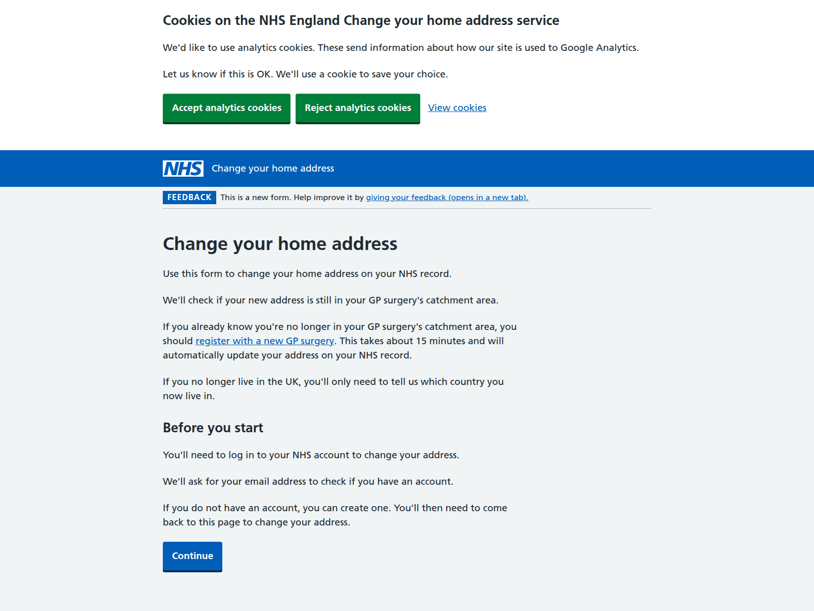 Screenshot of change-your-address.account.nhs.uk